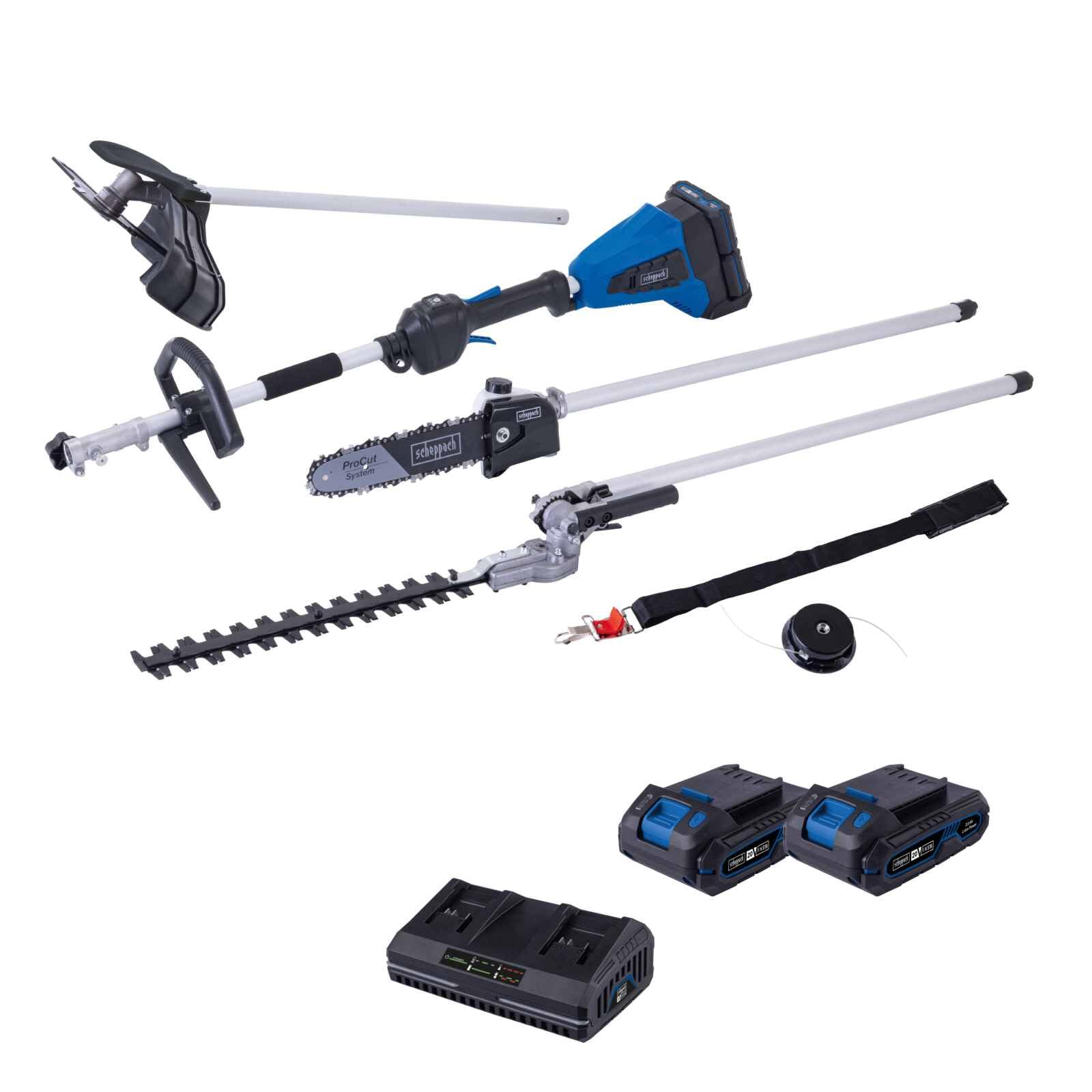 Scheppach Appareil multifonction 4 en 1 BC-MFH400-X 20V Brushless Multigarten, débroussailleuse, taille-haie, haute série 20V-IXES | avec batterie de 2 Ah et double chargeur