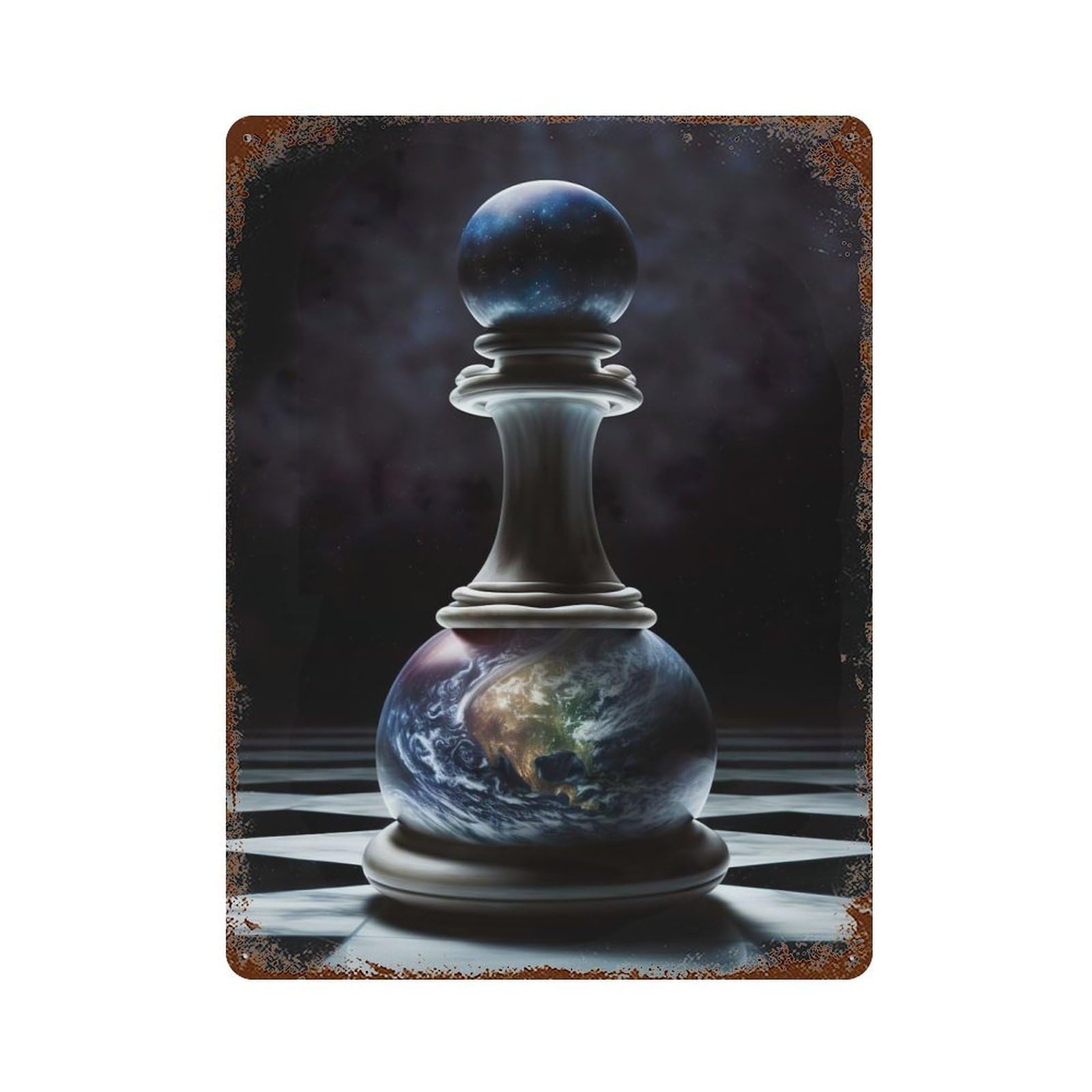 Chess Pawn Earth Decorative Tin Sign 15.7"x11.8", Old School Wall Decor for Garage, Pub Or Kitchen