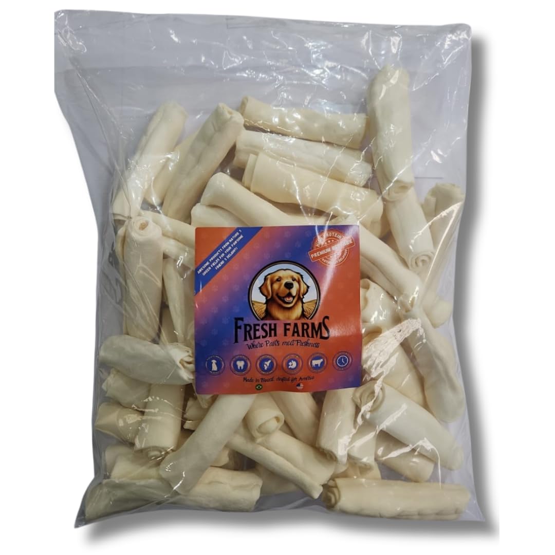 50 Units per Pack Natural Rawhide 5-6" Rolls Value Pack: One Single Layer Premium Cut Rawhide Dog Chews Long Lasting, NO Small Pieces, Aggressive