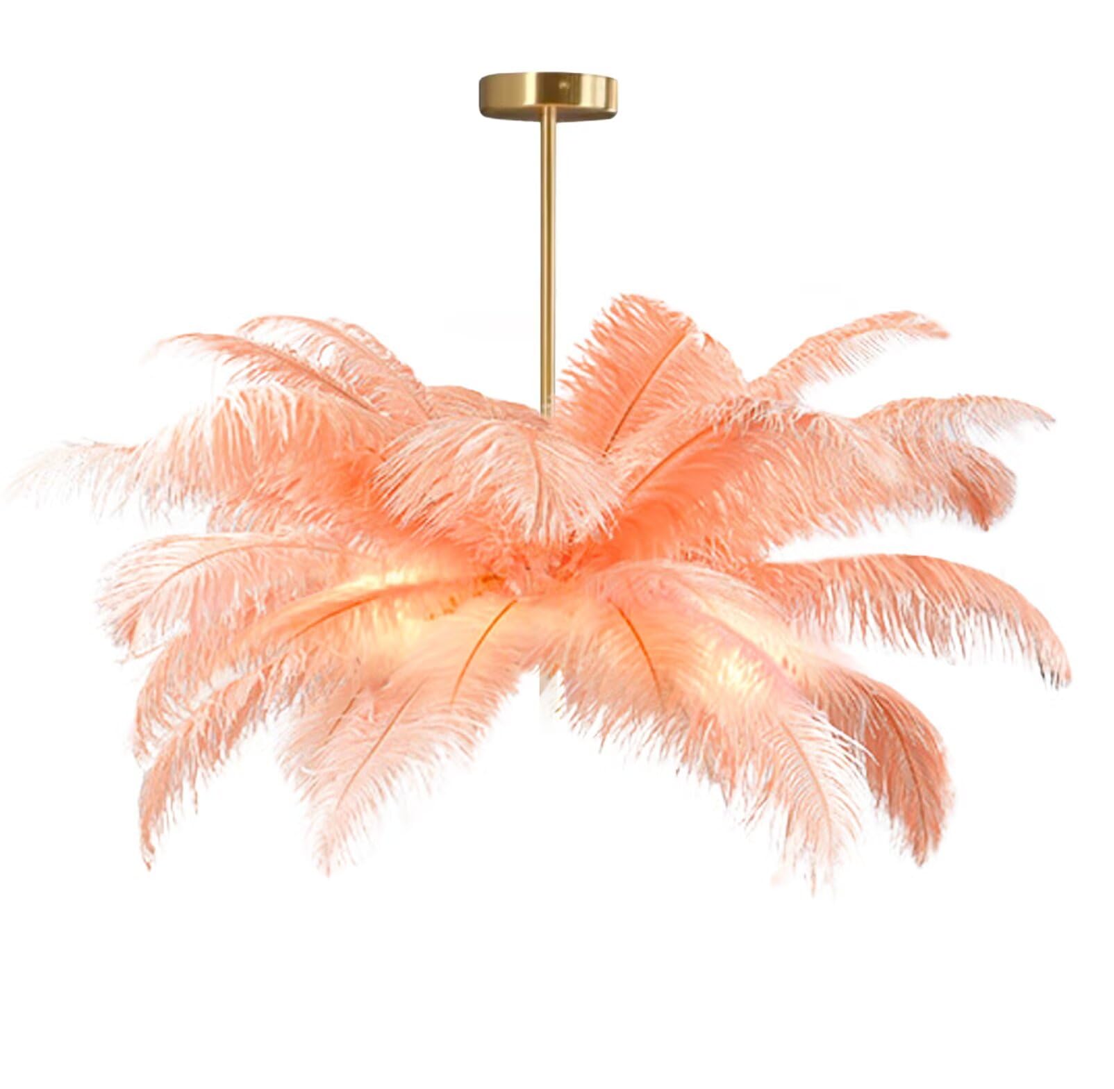 GUANSHAN Creative Flesh Pink Ostrich Feather Ceiling Lamp, Romantic and Aesthetic Feather Chandelier Pendant Lamp with Golden Base for Bedroom, Living Room, Corridor