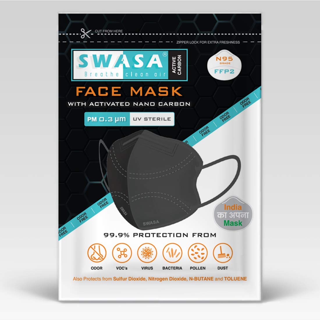 SWASA - Breathe clean air Non Woven Fabric Ffp2 - Pm 0.3 M, Uv Sterile Mask With Hepa Filter, Odour Free Carbon Mask, Without Valve - Pack Of 3,Black (B08NTQ7L5D) Amazon Price History, Amazon Price Tracker