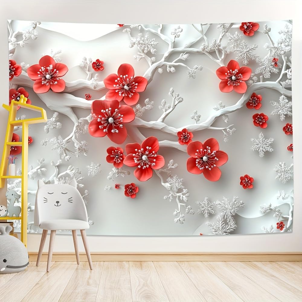 GLWDMH 200 x 180 cm styl reliefowy zimowe płatki śniegu i czerwone kwiaty śliwy gobelin, poliester wiszący na ścianie, do sypialni, biura, akademika, dekoracja na imprezę