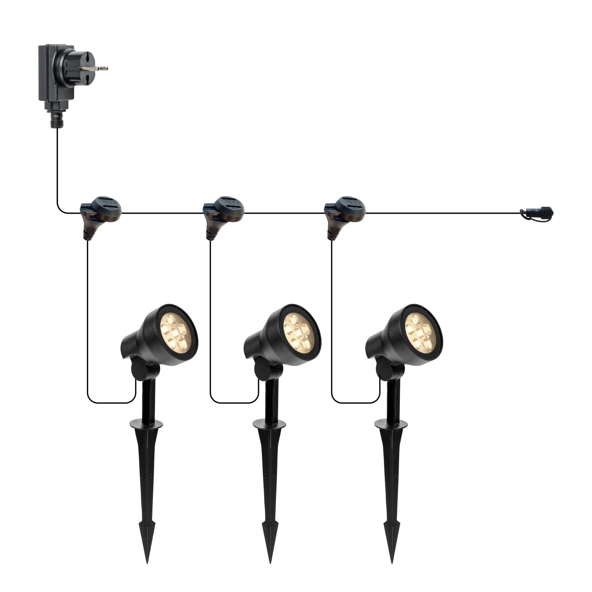 Xelloo zestaw oświetlenia ogrodowego CAS BIG, 12 V, 3 sztuki designerskich opraw 4W LED w kolorze ciepłej bieli z uziemieniem, wodoodporne (IP65) i z praktycznym połączeniem przesuwnym
