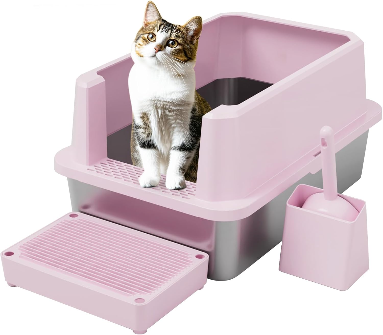 RIZZARI Large Cat Litter Box: Pink Semi-Closed Stainless Steel Litter Box with High Edges - Odorless Litter Pan Anti Leakage for Small to Large Cats for Bedroom Living Room Large Pink, 1 Pack
