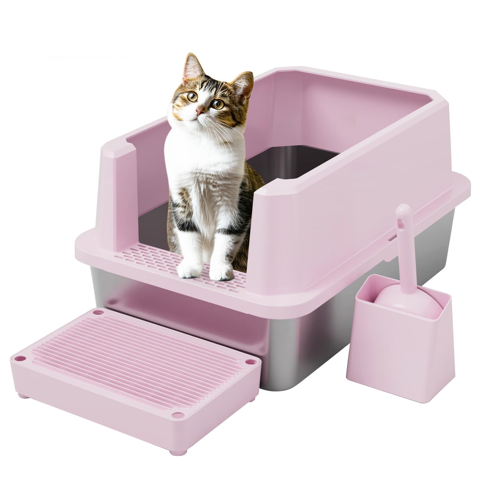 RIZZARI Large Cat Litter Box: Pink Heavy-Duty 304 Stainless Steel Open Pan - High Sides Prevent Leaks - Odor-Free & Easy Clean - Teflon Non-Stick Coating - Ideal for Big Cats in Apartments & Bathrooms