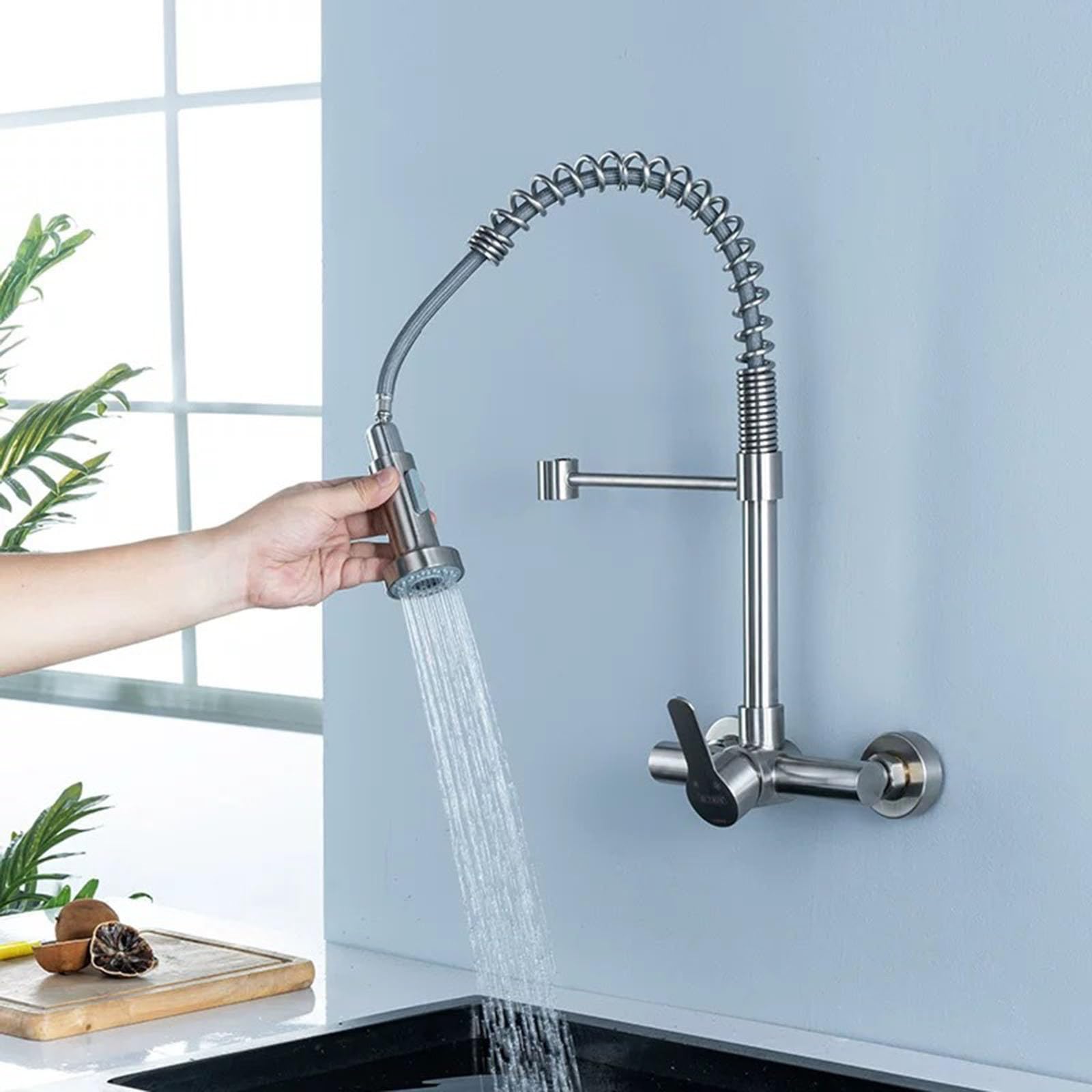 Grifo Fregadero Pared Acero Inoxidable Cepillado Cuello de Cisne Grifos Cocina Fregadero Extensible Muelle,Cepillado