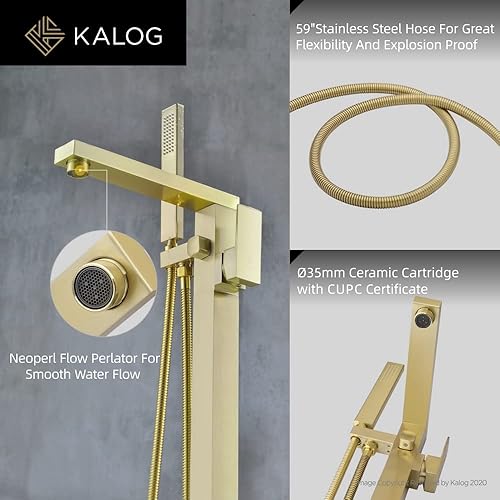 Miniatura 5 de Kalog Grifo de bañera independiente de una sola manija con ducha cuadrada de mano (dorado cepillado)