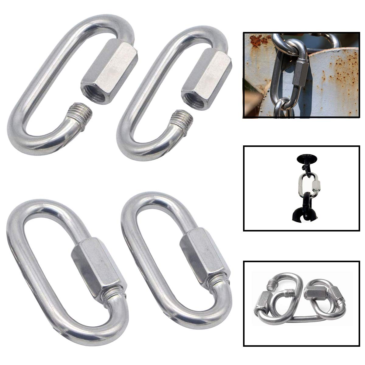 Osuter 304 Stainless Steel Locking Carabiner,4PCS Threaded Quick Link D Shape Locking Quick Chain Repair Links(M8 + M10)