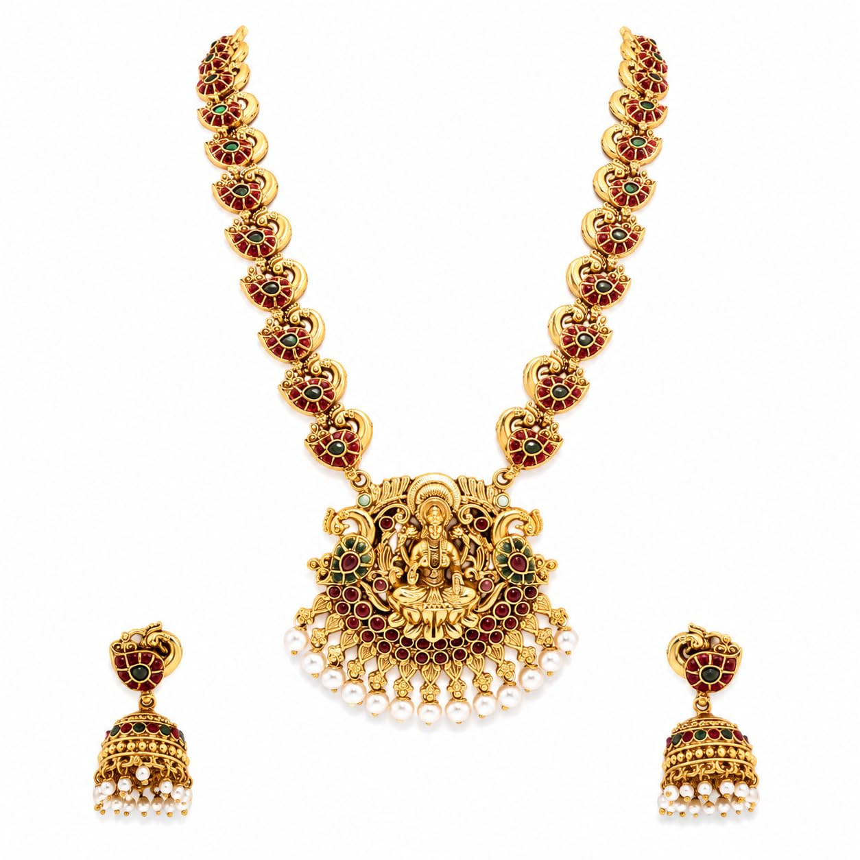 Classic Gold Plated Lakshmi Temple Long Haram Necklace Set with Jhumka Earrings for Women-picture-34