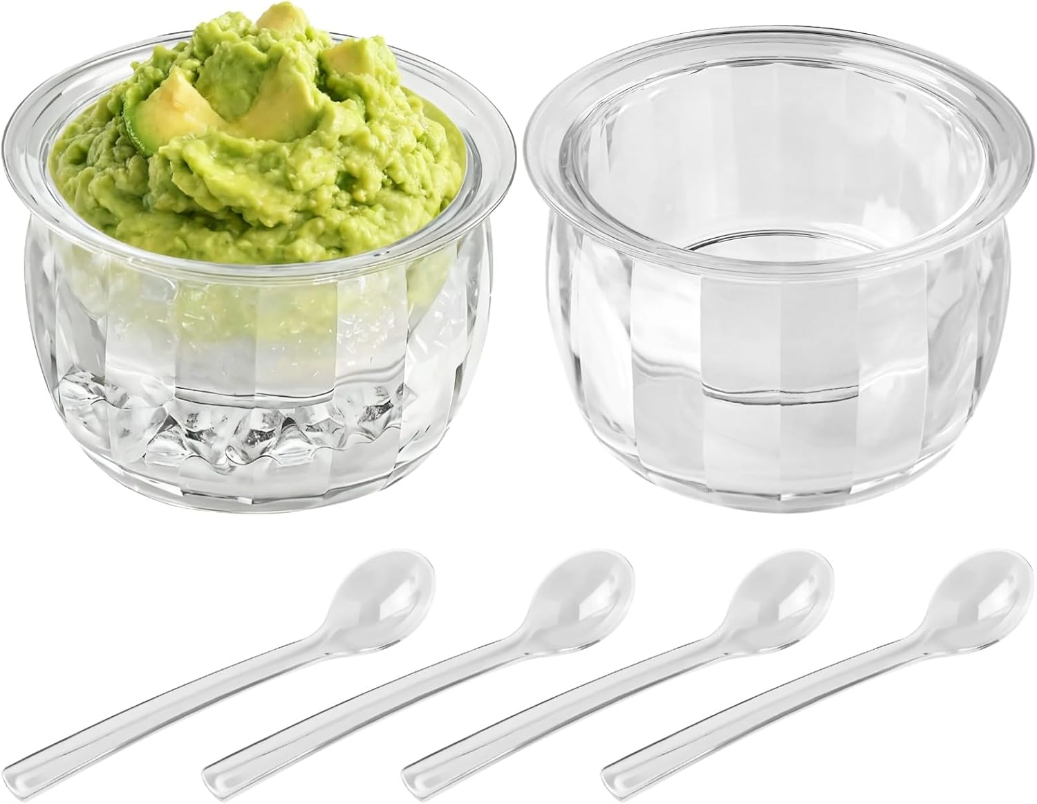 2 Pack Chilled Serving Bowls, Transparent Double Layer Plastic Ice Containers for Keeping Food Cold, Dip Sauce Condiment Set with Spoons, Party Entertaining Essentials