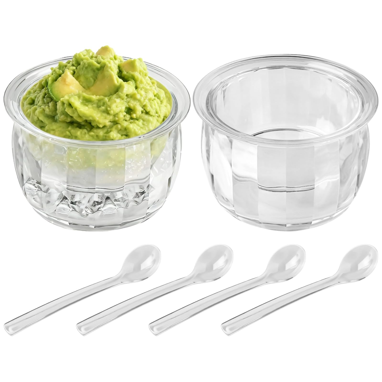 2 Pack Chilled Serving Bowls, Transparent Double Layer Plastic Ice Containers for Keeping Food Cold, Dip Sauce Condiment Set with Spoons, Party