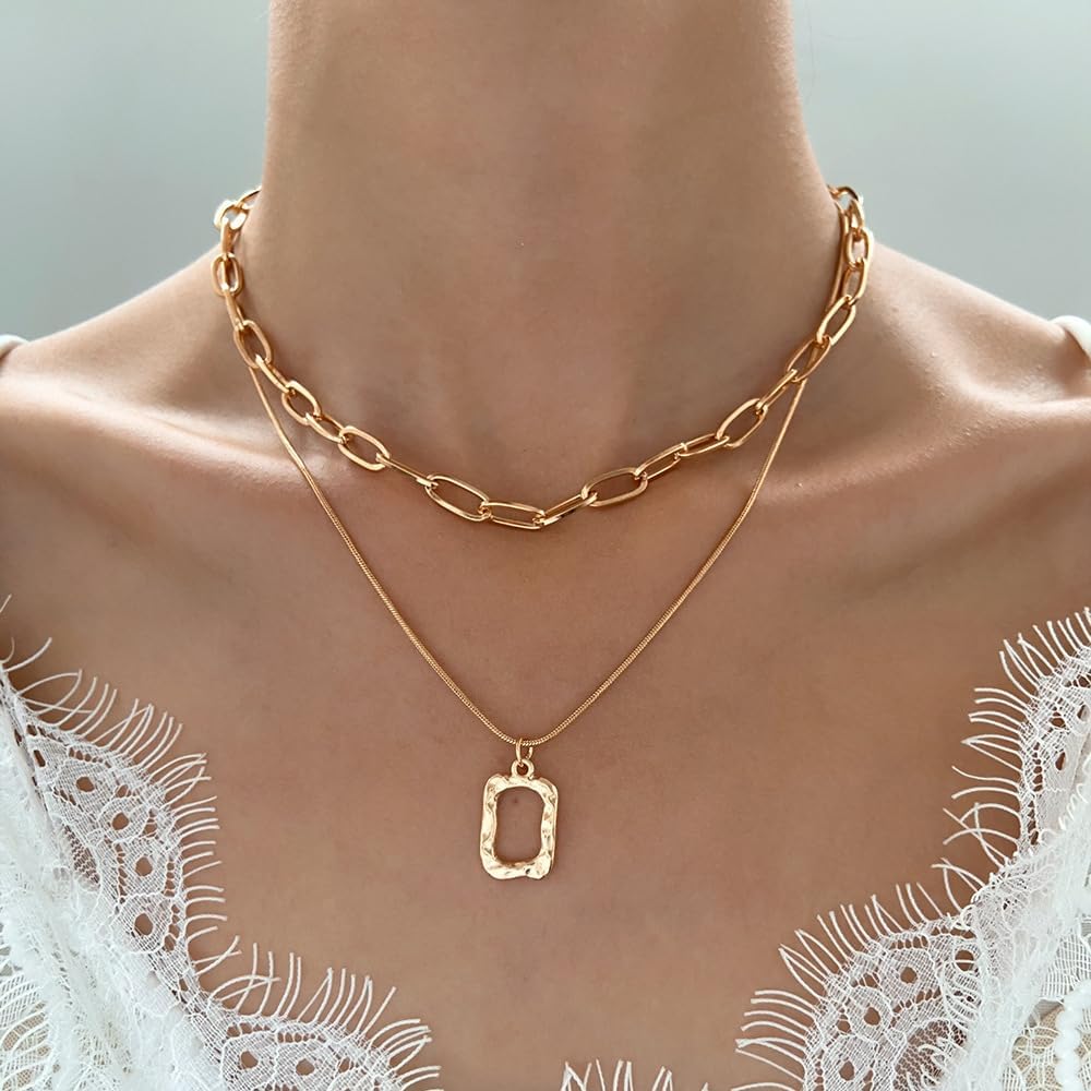 Gold Layered Square Pendant Necklace for Women Stackable Hollow Rectangle Choker Necklaces Adjustable Geometric Chain Necklaces Jewelry Accessories - Image 3