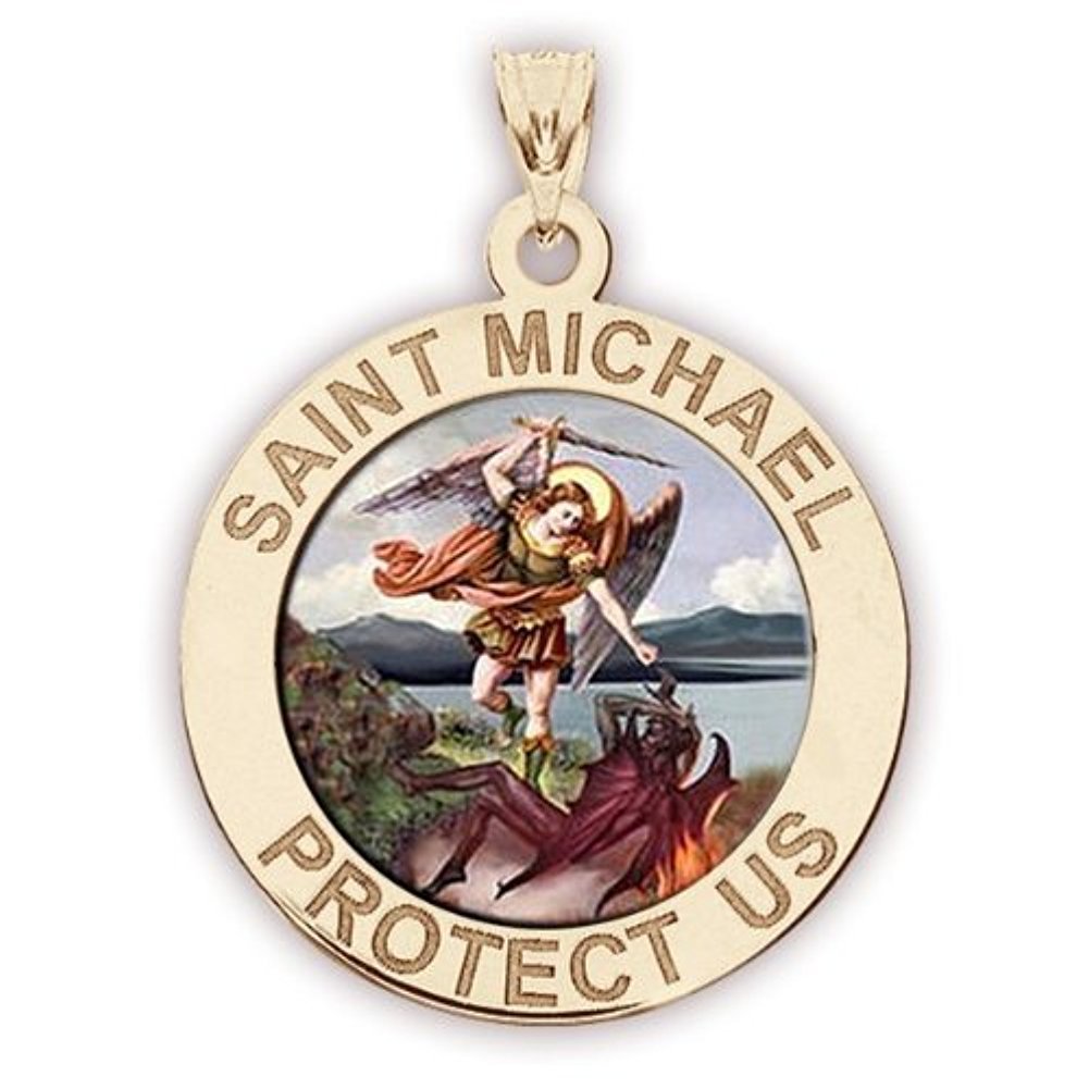 PicturesOnGold com Saint Michael Religious Medal Color - 1 Inch Size of a Quarter in Solid 14K Yellow
