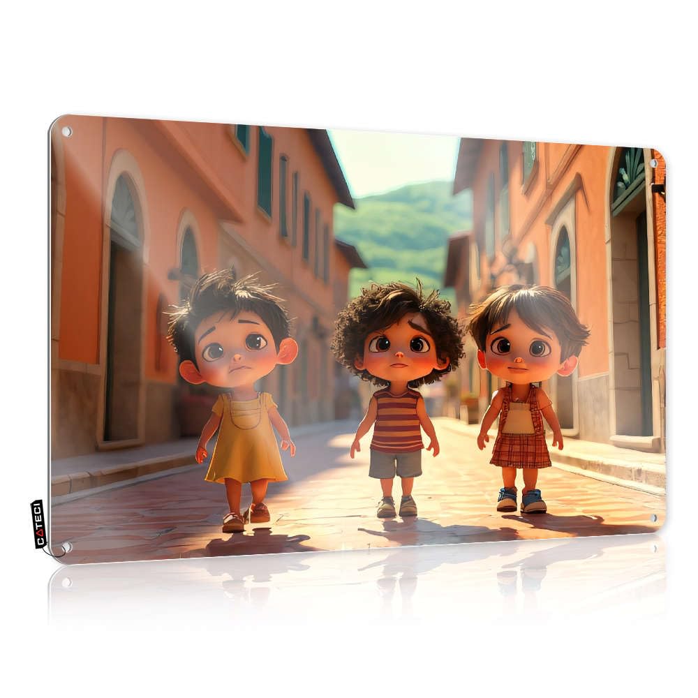 Fzfn Colour Three Children Walk Down A Sunny Street. Vintage Wall Decor Pool Stuff | Round Essentials Decorative Wall Art(20X30cm)