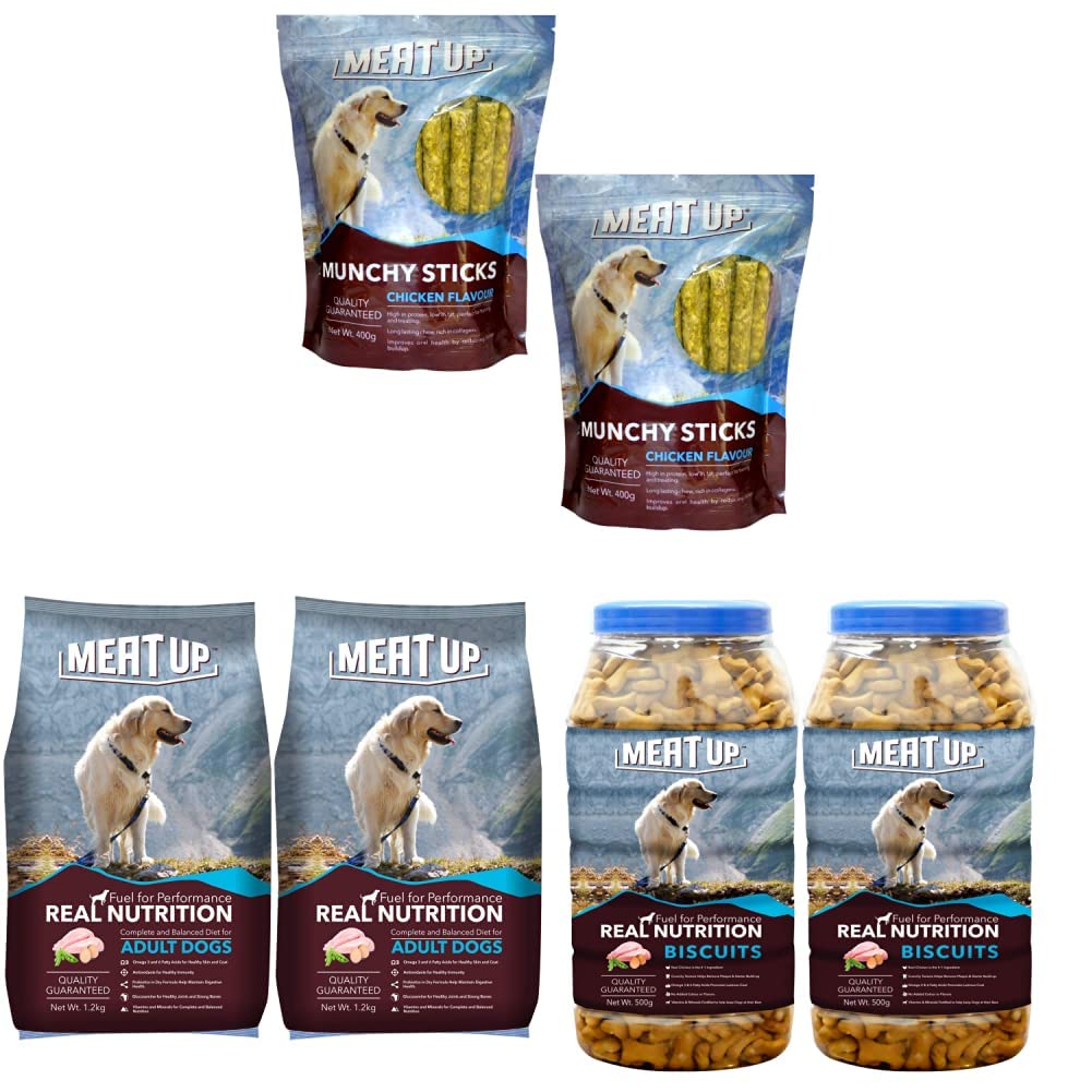 Meat Up Munchy Sticks, Chicken Flavour, Dog Treats, 400 g (Buy 1 Get 1 Free) & Mutton Flavour,Real Chicken Biscuit,Dog Treats -500g Jar (Buy 1 Get 1 Free) & Adult Dog Food, 1.2 kg (Buy 1 Get 1 Free) (B08QT6W2BY) Amazon Price History, Amazon Price Tracker