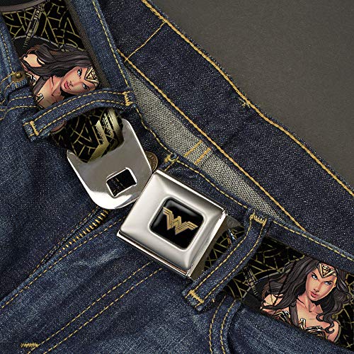 Buckle-Down Men's Seatbelt Belt Wonder Woman Kids, icon/Sketch Poses Black/Gold, 1.0" Wide-20-36 Inches2