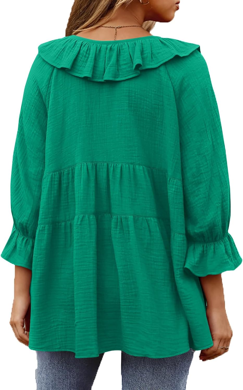 Ruffled Tops for Women 3/4 Sleeve V Neck Blouse Cute Casual Peplum Shirts Summer Solid Color Tunic Shirt