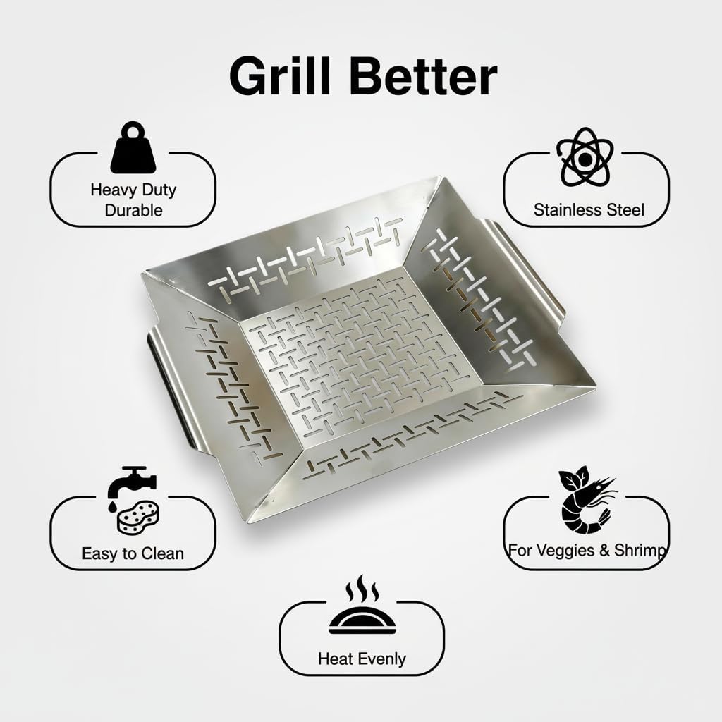 Grill Basket for Outdoor Grill, Heavy Duty Stainless Steel Vegetables Grill Basket, Veggies Grilling Basket with Handles, Grilling Accessories for All Grills & Smokers, Cooking Gifts for Dad Men