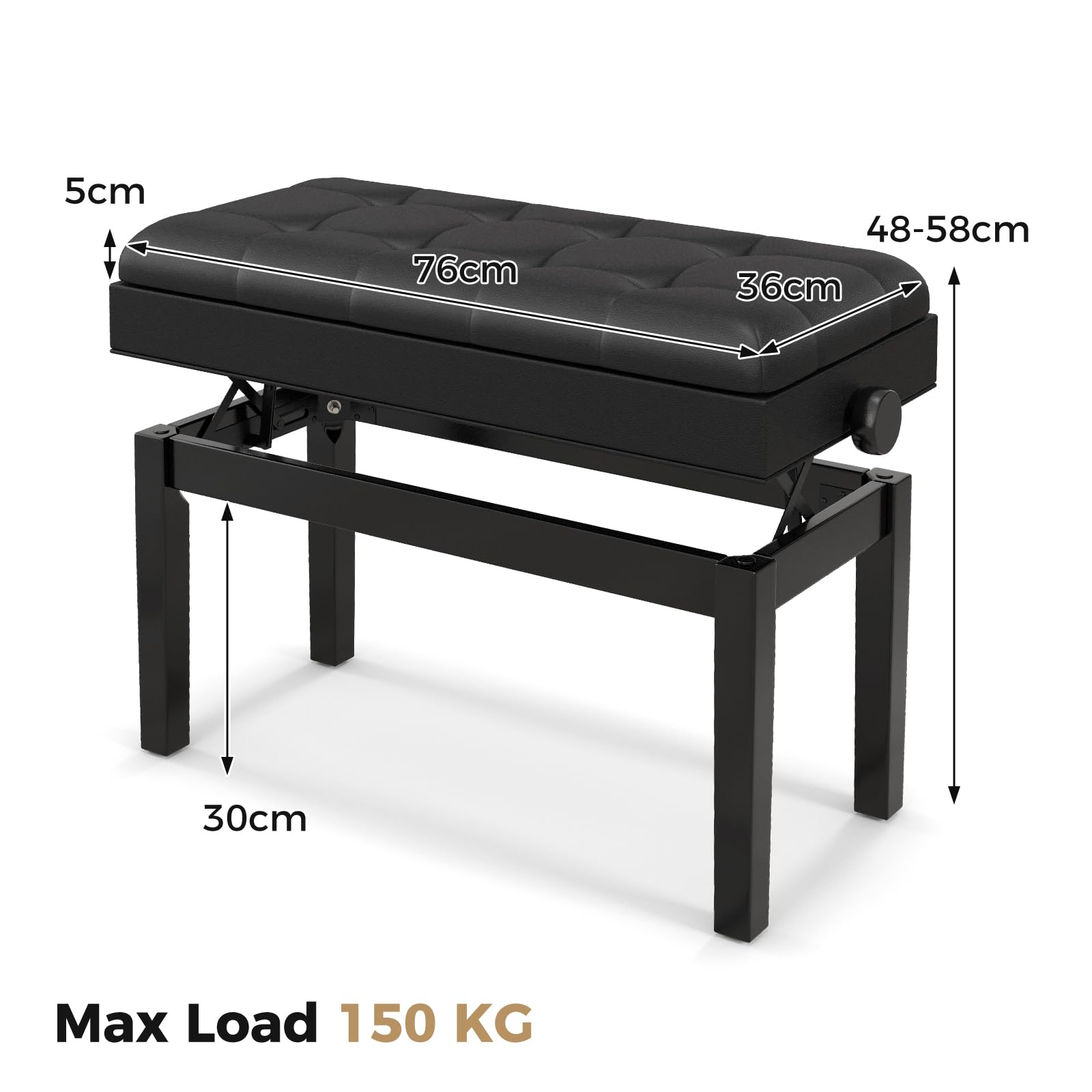 HOMASIS Sgabello Pianoforte Regolabile in Altezza, Panca Pianoforte con Contenitore Nascosto, Struttura in Metallo/Gambe in Legno/Seduta in Pelle Artificiale, Sgabello Imbottito per Musicista, Nero