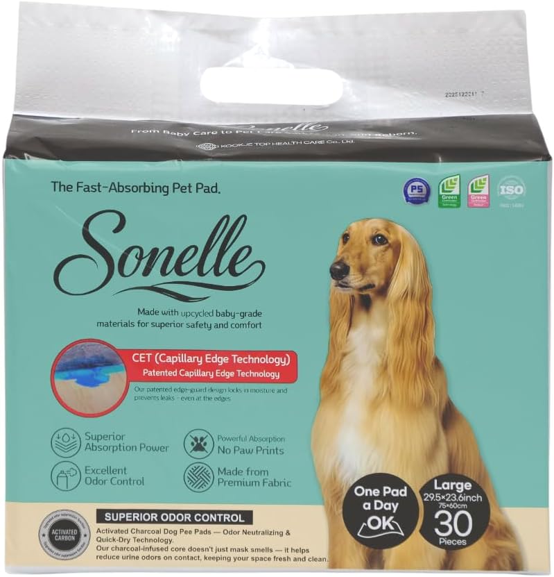 Pet Pad | Large 29.5"x23.6", Patented Edge Lock, 800ml Absorption, Activated Charcoal, 7-Layer Protection, No Odors, No Leaks, No Paw Prints, Made in Korea, 30 Count
