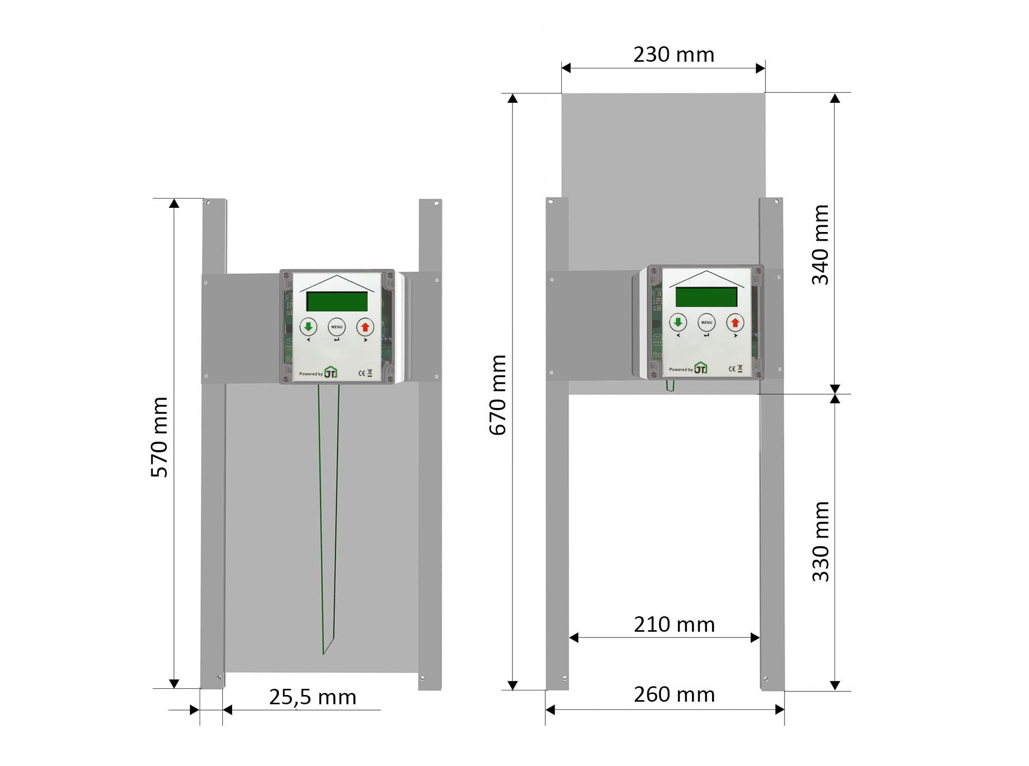 HK-Bat-RH Rahmengerät mit selbstverriegelnder Hühnerklappe 230x340 mm für Batteriebetrieb + Schaltung für Anlocklicht