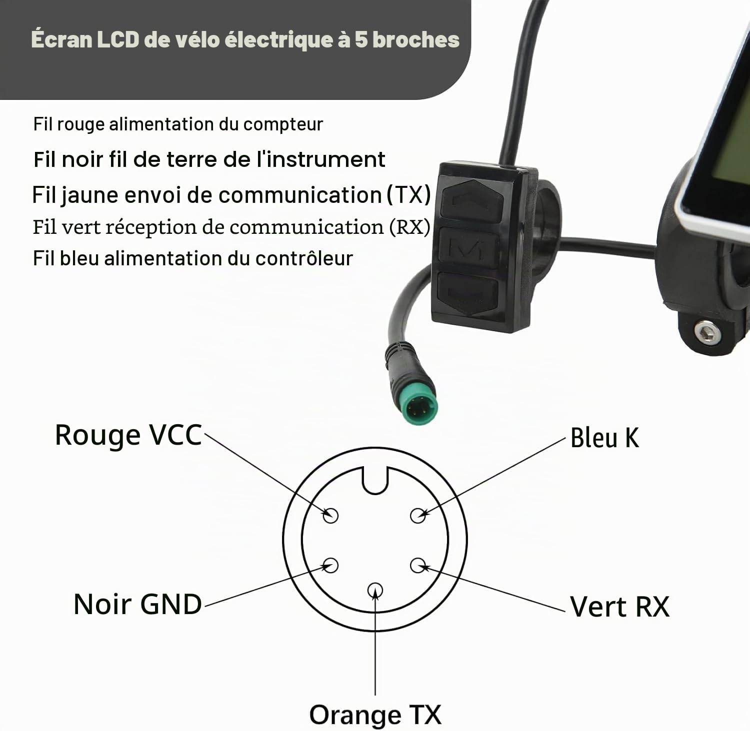 Écran LCD pour vélo électrique, scooter E 5 broches M5 avec connecteur étanche, écran de contrôle pour guidon de vélo électrique de 31,8 à 22,2 mm (protocole n° 2)