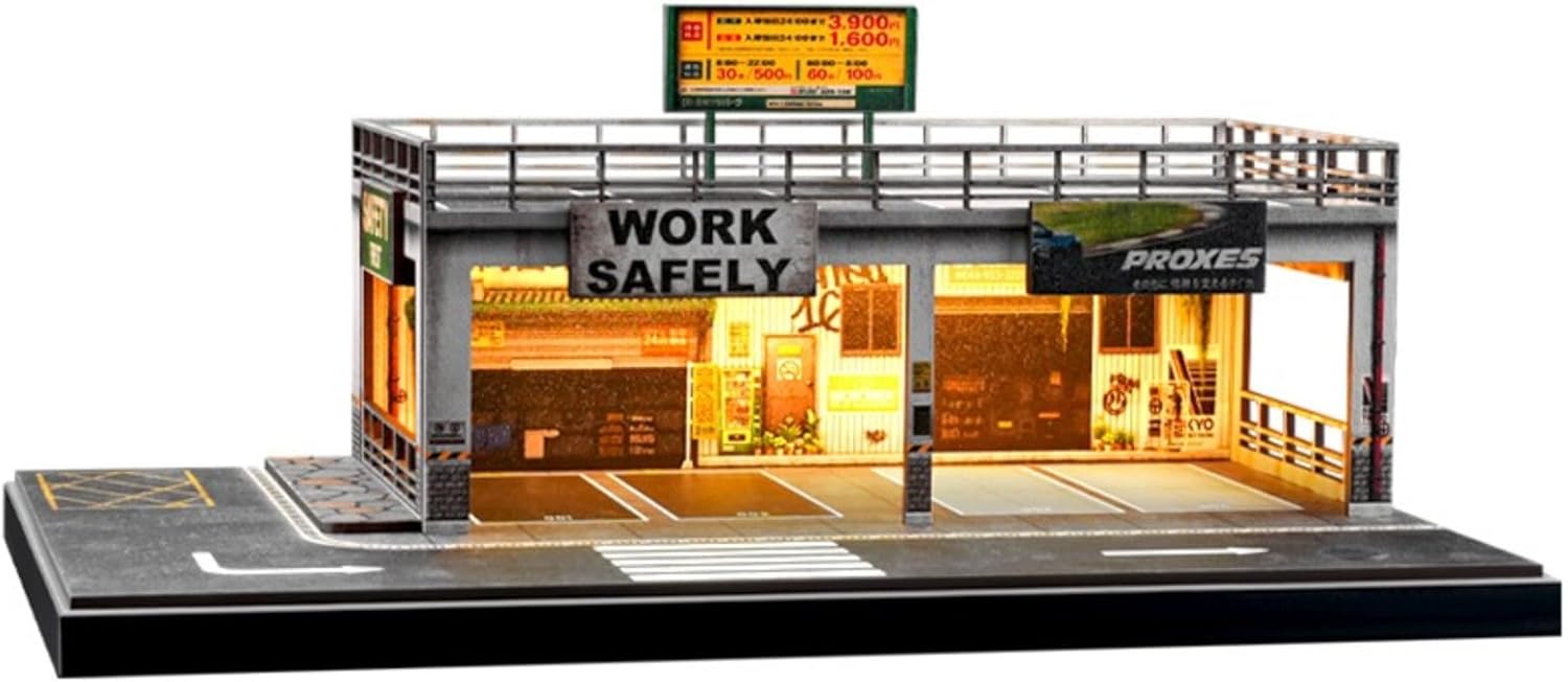 Diorama 1/64 Scale Double-Deck Parking Workshop, LED Lighting, Diecast Car Garage Miniature Scene Display, City Street Building Repair Workshop Model, 11.6 * 7.79 * 4.72 Inches