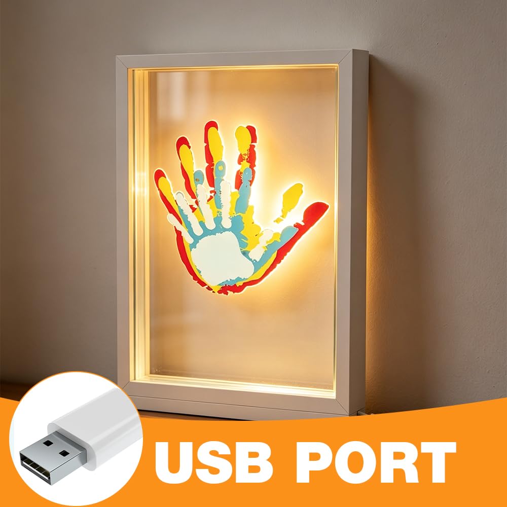 Kit d'Empreintes Familiales avec Veilleuse LED et Pigments - Cadre en Bois pour Bébé, Couples - Cadeau Personnalisé (Blanc)