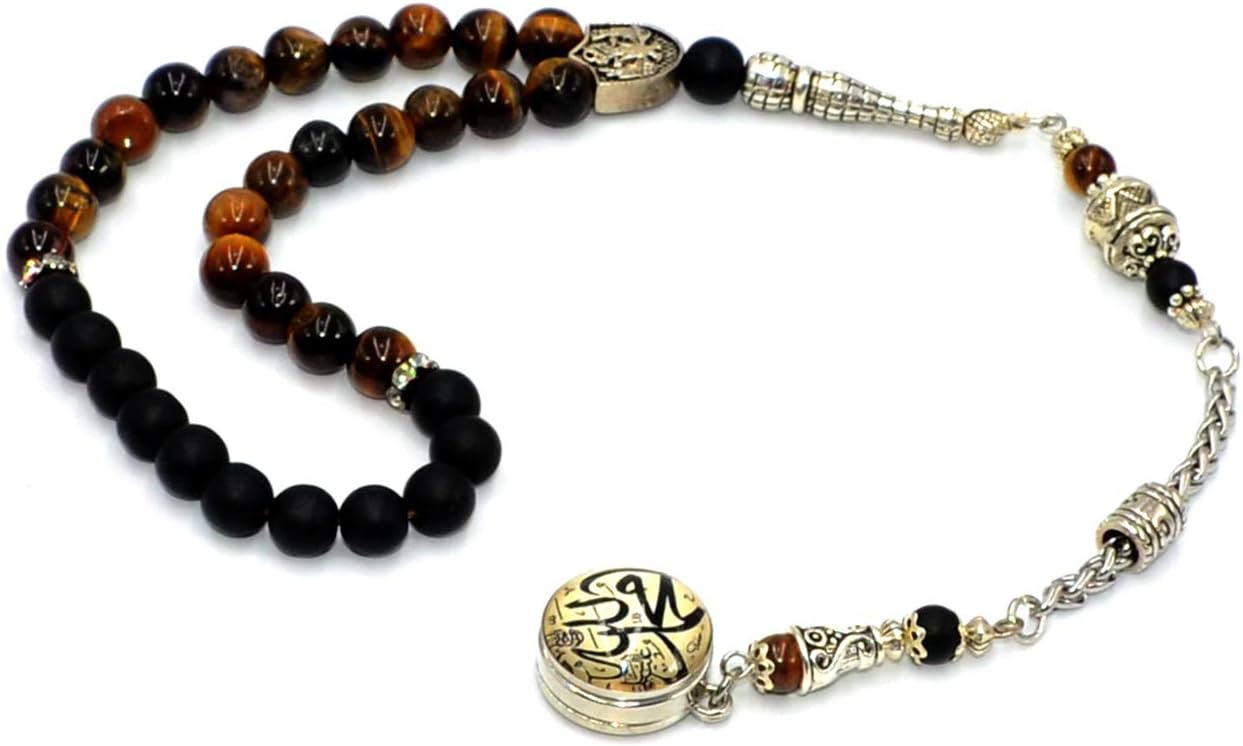 ALBATROSART Design - Special Allah - Mohammed Tassels Series Worry Beads (8mm - 33 Pieces) - Prayer Beads Tesbih-Tasbih-Tasbeeh-Misbaha-Subha-Sebha-Sibha-Rosary (Black Matte Onyx & Tiger Eye)