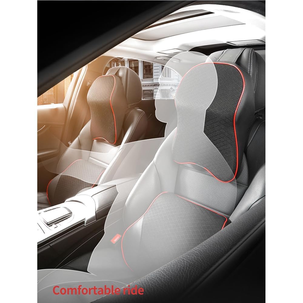 Cuscino di Supporto Lombare e Poggiatesta per Auto per Peugeot 408 P54 SUV Coupe 2022-2025,Collo Cuscino Supporto Lombare Traspirante Schienale Sedile,B-Black Red 1pair