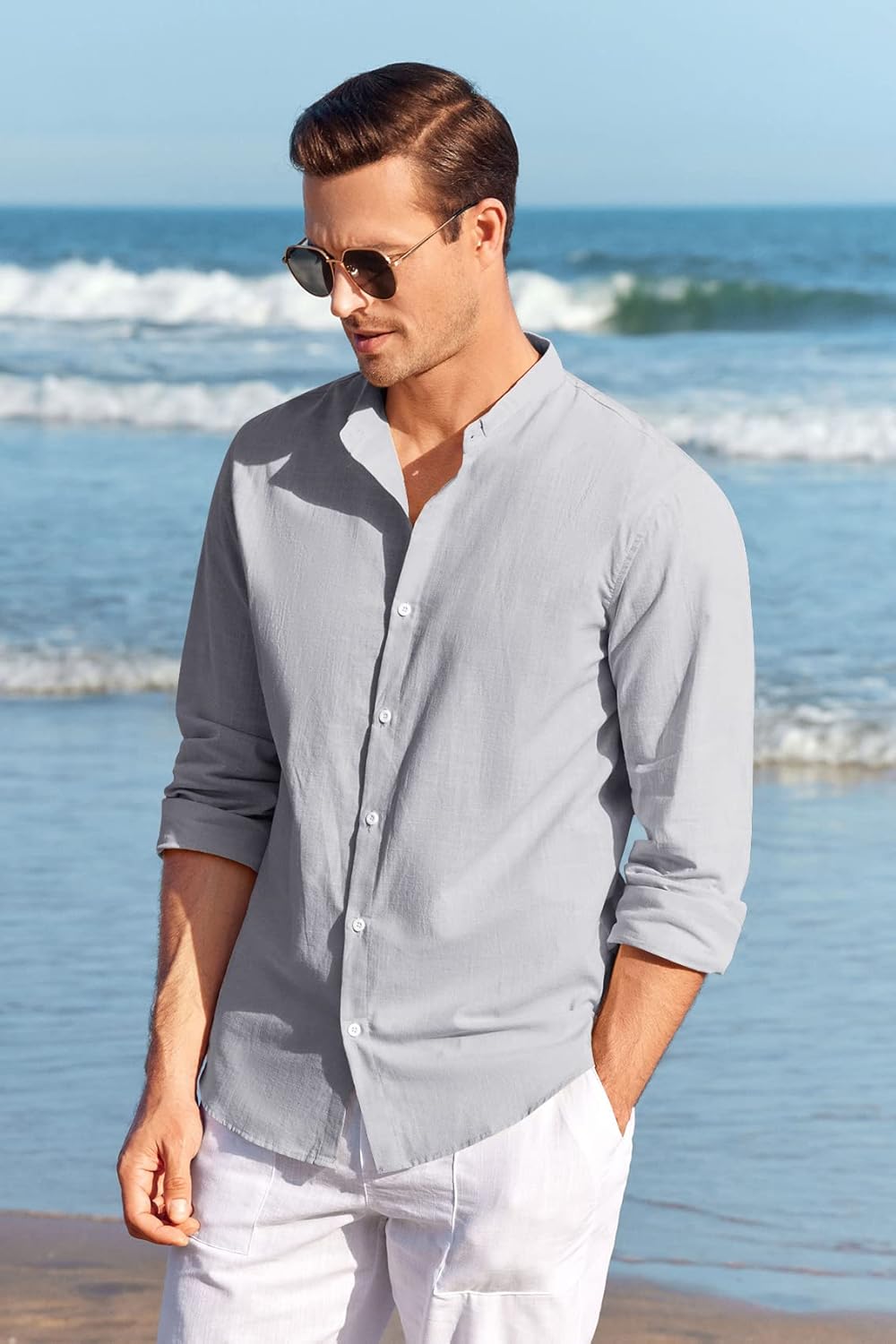 Makkrom Men Linen Shirt Button Down Long Sleeve Cotton Beach Band Collar Casual Summer Shirts - Image 4