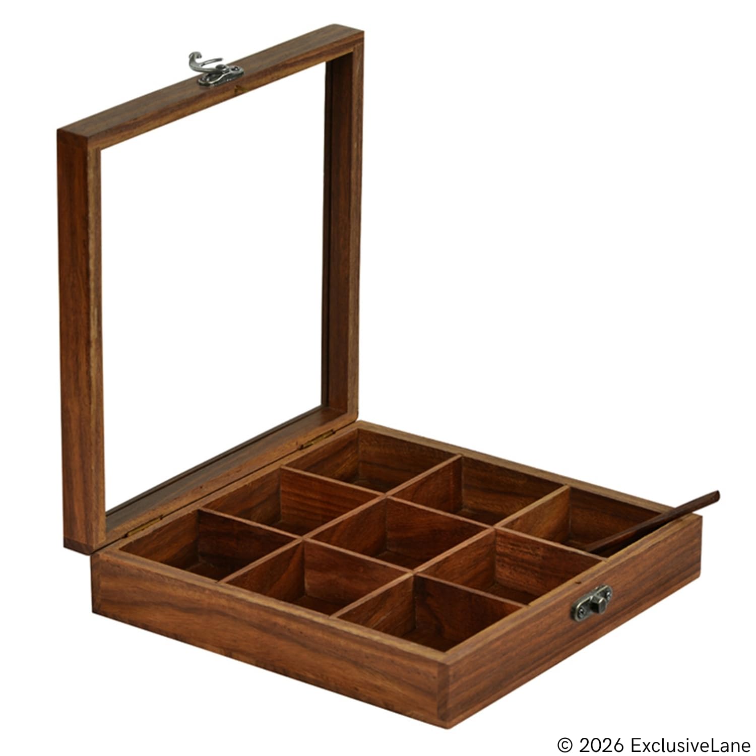 ExclusiveLane Sheesham Wooden Spice Box for Kitchen with Spoon (Non Removable Partitions, 50 ml, Brown) |Wooden Masala Box for Kitchen Dabba Dani Masala Container Spice Box Wooden Namak Masala Dani — Amazon image 10