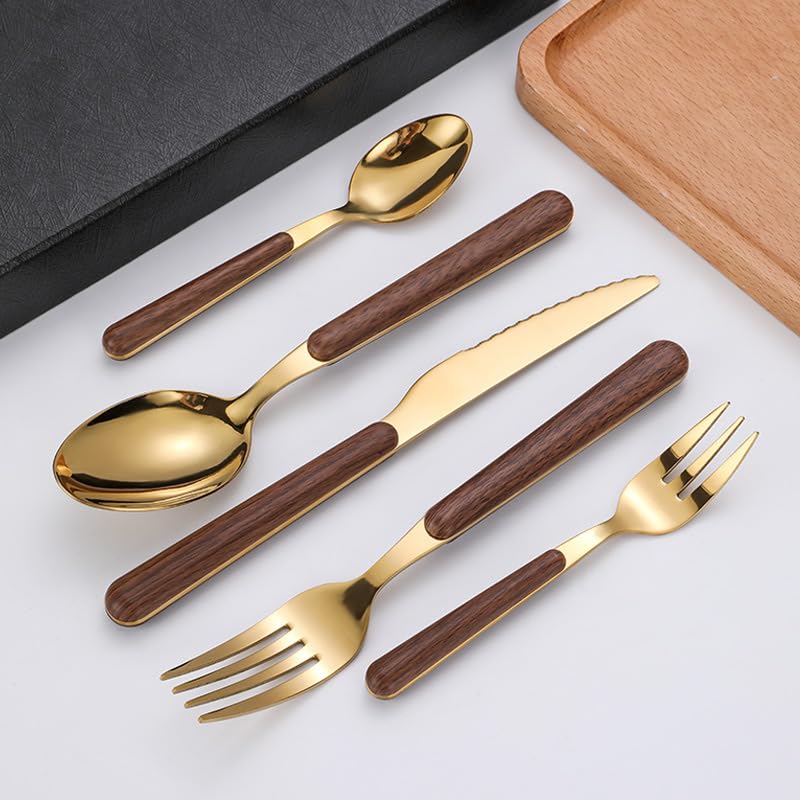 Este Juego de Cubiertos, 5/20/30/40 Piezas, Cuchillo, Tenedor y Cuchara de Acero Inoxidable con Mango de Madera, Estilo Retro, Incluye Cuchara para café, Postre y Tenedor para Fruta, Color p