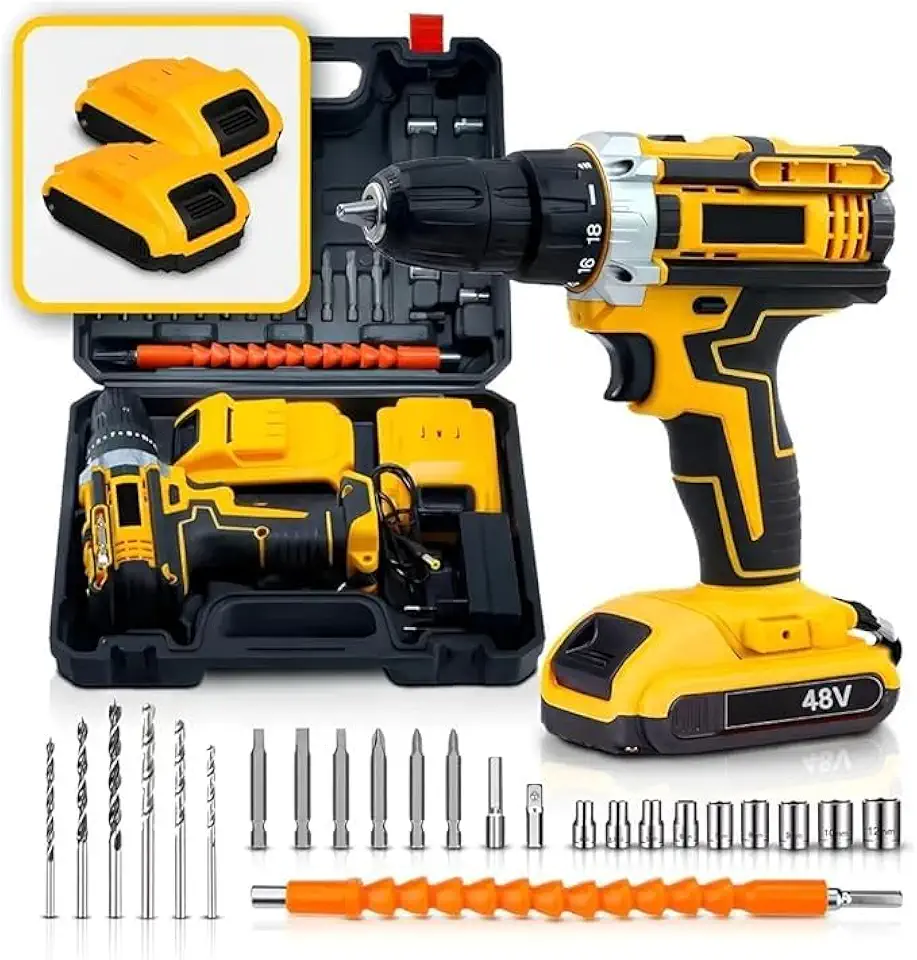 Furadeira e Parafusadeira de Impacto 48V Sem Fio Bi-volt – Alto desempenho, iluminação LED e 2 baterias para trabalho contínuo, perfeita para casa ou profissional/Ambory