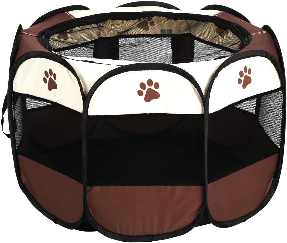 Pet Tent, Mesh Dog Cage Playpen Exercise Fence Kennel Soft Crate Foldable Oxford Cloth Compatible Indoor Outdoor Traveling Use(31.88 x 17.71inch-Coffee)