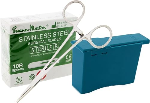 Dermaplaning Kit Professional Swann Morton 10R Dermaplaning Blades, scalpel blade remover box, hemostat for ease of installing surgically sharp dermaplane blades (3 items)