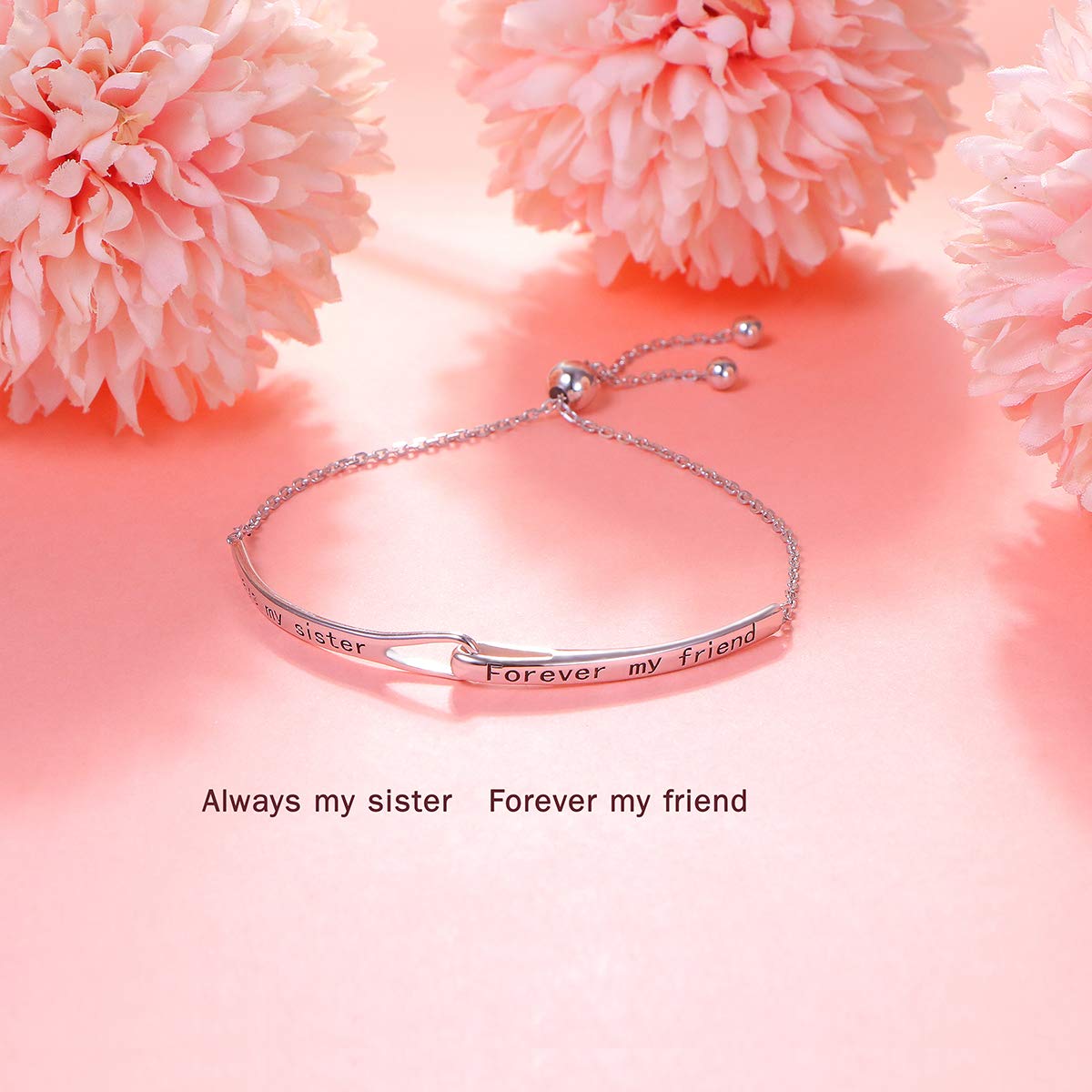 Flyow 925 Sterling Silber Unendliches Inspirierendes Armband mit Botschaft Always My Sister, Forever My Friend, Einstellbare Schwestern Armbänder Freundschaftsschmuck für Schwester Damen Mädchen