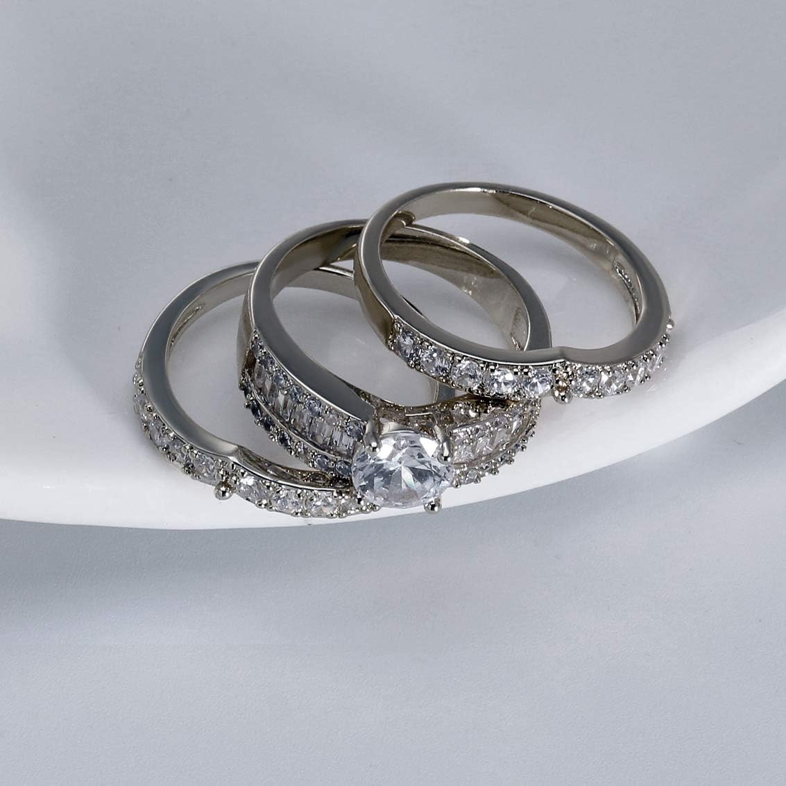 Enchantment Wedding Ring Set for Women by Ginger Lyne | White Gold Plated 3pc Engagement Ring with 2 Matching Cubic Zirconia Wedding Bands | Bridal Jewelry for Wife or Girlfriend