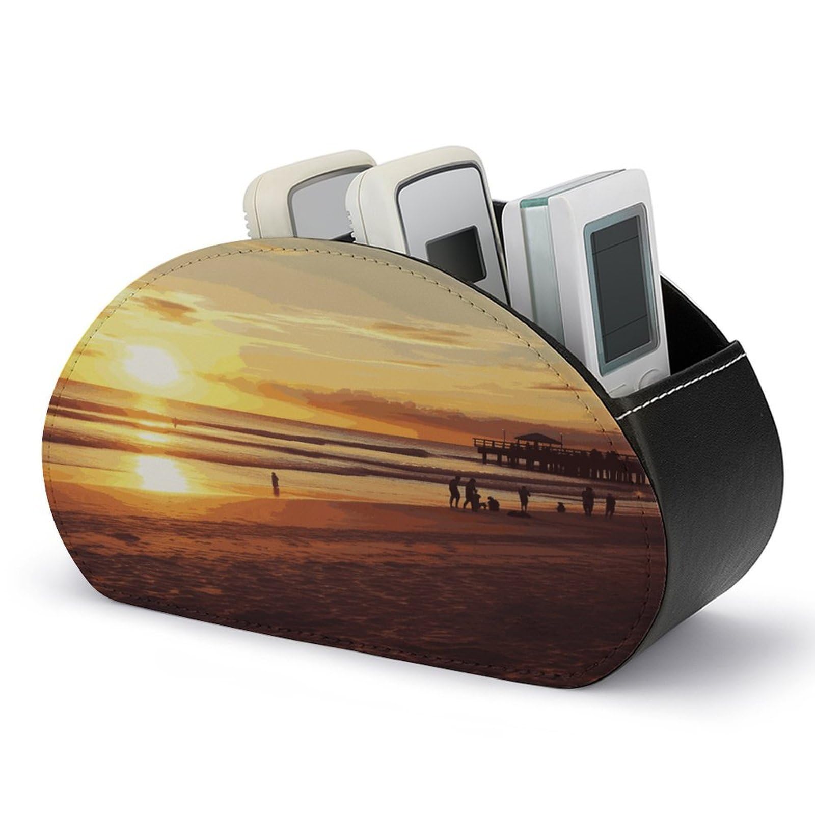 FekiLoot Leather Remote Control Holder with 5 Compartments Sunset Beach Remote Caddy Desktop Organizer Store TV Remote Holder Remote Organizer for Bedside Table Office Desk