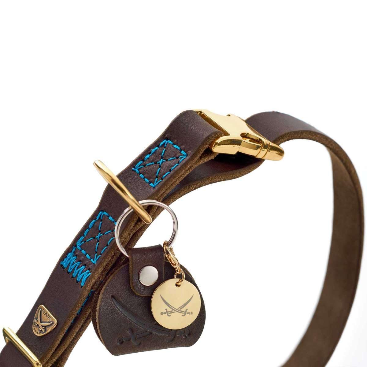 HUNTER Sansibar Dog Collar Colour: Dark Brown, Elegant Cowhide Leather, Maritime Details, Blue Decorative Stitching - Image 3