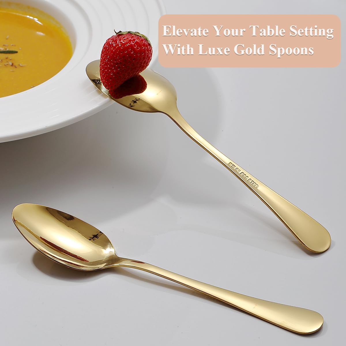 Gold Dinner Spoons Set 12pcs, 7.36" Soup Spoon Berglander Titanium Golden Plating Food Grade Stainless Steel Silverware Spoon, Metal Tablespoon for Home, Kitchen or Restaurant, Dishwasher Safe