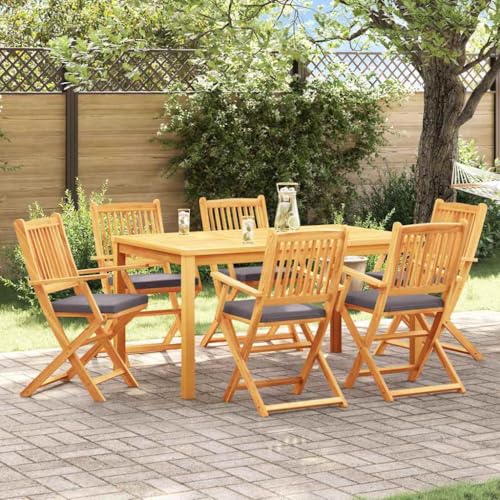 Kaloriko Folding Chair, Set of 6, Grey Solid Acacia Wood, 49 x 57.5 x 92 cm with Weatherproof Cushion for Balcony, Patio, Garden Chair, Outdoor