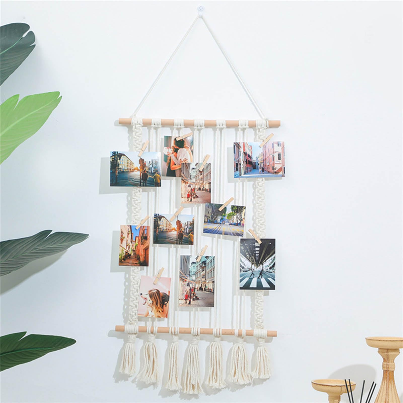 MOUMOUTEN Hanging Photo Display, Boho Macrame Wall Decor, Picture Frame Collage Board with 10 Wood Clips, for Birthday Party Room Bedroom Dorm, White