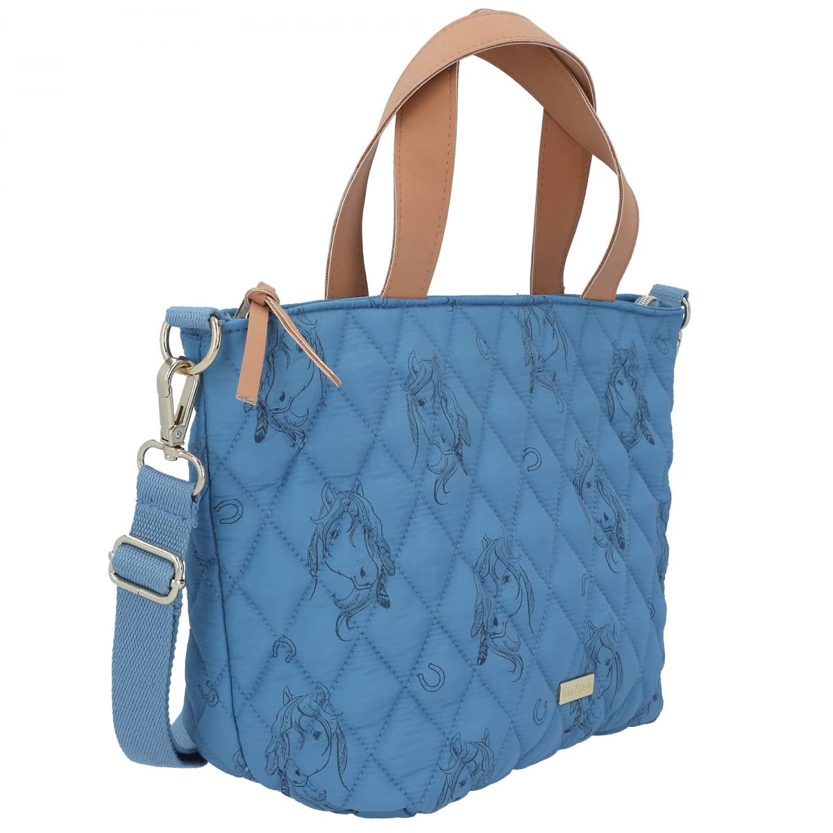 Depesche 12024 Miss Melody Blue Quilt - Mini Shopper ze wzorem konia i pikowanym szwem, torba w kolorze jasnoniebieskim z regulowanym paskiem do noszenia