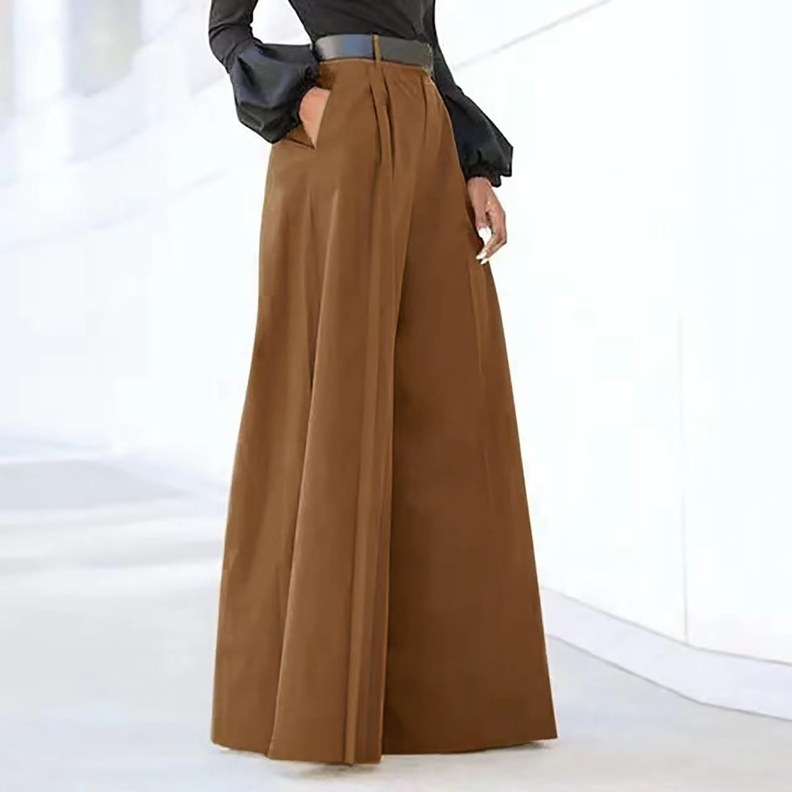 Women High Waist Palazzo Pants 2025 Summer Casual Wide Leg Pants Baggy Lightweight Pockets Lounge Beach Flowy Slacks Coffee XXL