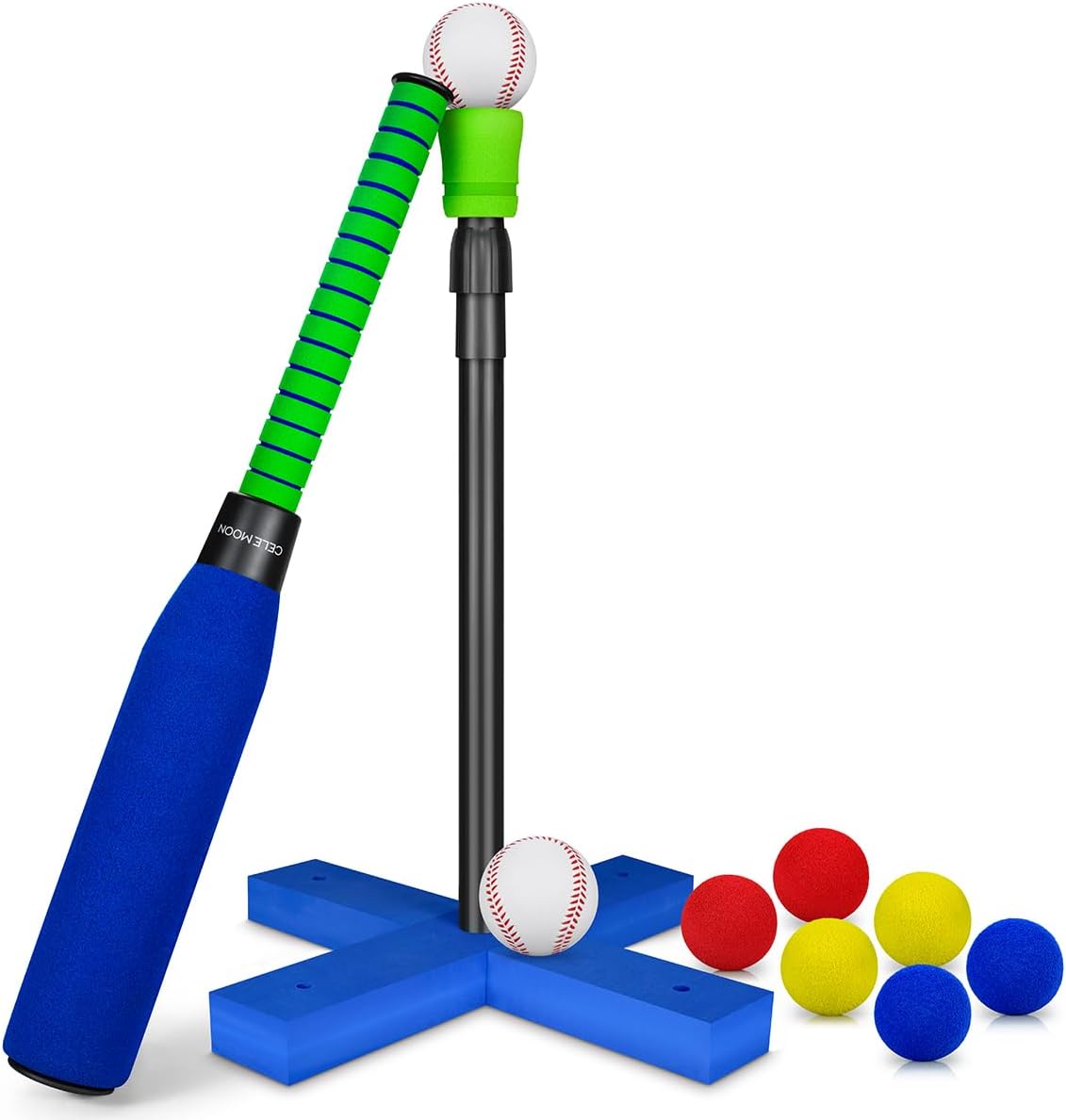 CeleMoon Foam Tball Set for Kids Toddlers 3-5, T Ball Baseball Softball Bat Set Adjustable Batting Tee, 8 Colored Balls, for Boys Girls 3-5 5-8 Years Indoor Outdoor Sport Playing Toys, Blue