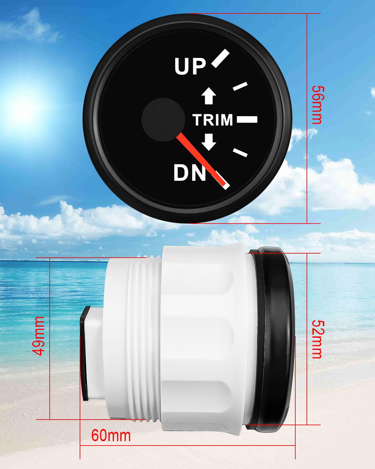 Boat Trim Gauge 0-190ohms UP-DN 7 Color Backlight Curved Glass, Trim Balance Gauge Meter 52mm 2-1/6" for Yacht Marine Black