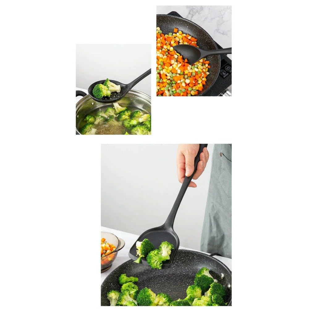 WLDMA Ensemble d'ustensiles de cuisine noirs en silicone de qualité alimentaire avec spatule, pelle à soupe, cuillère à soupe, ustensiles de cuisine BPA