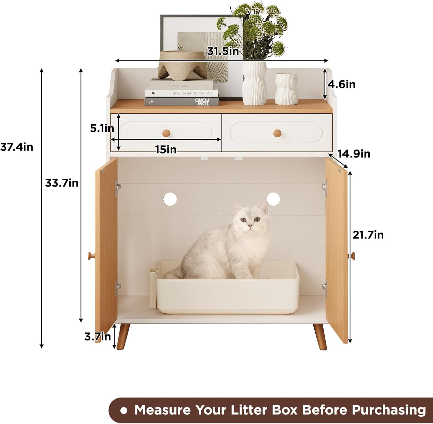 Cat Litter Box Enclosure, Hidden Litter Box Furniture with Double Rattan Scratching Board Doors, Storage Drawers, Modern Wooden Indoor Cat House, Washroom, Side End Table for Living Room, Natural