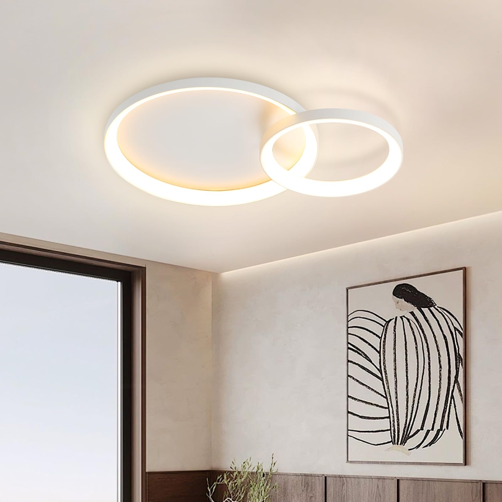 Nowoczesna lampa sufitowa LED, 28W/57cm Okólnik Lampa sufitowa do salon, 3000k-6000k, wielofunkcyjne, Geometryczne oświetlenie sufitowe z pilotem＆APP